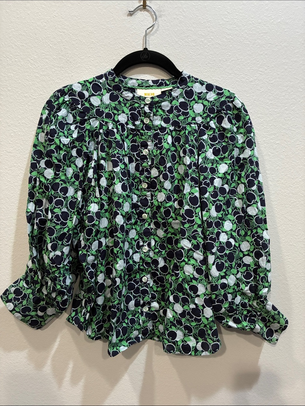 Maeve by Anthropologie Black and Green Floral Abstract Apple Print Shirt
